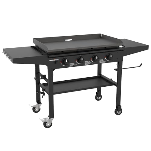 Blackstone 36 Inch 4 Burner 60,000 BTU Portable Steel Griddle Cooking Station with Foldable Legs, Grease Pan, and Storage Rack, Black