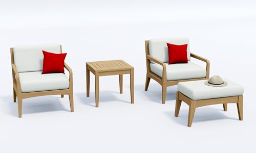 TeakStation 4 Pc Teak Wood Lounge Chair Set: 2 Lounge Chairs, Ottoman & Square Side Table with Cushions in Outdoor Sunbrella Fabric #5404 Canvas Natural