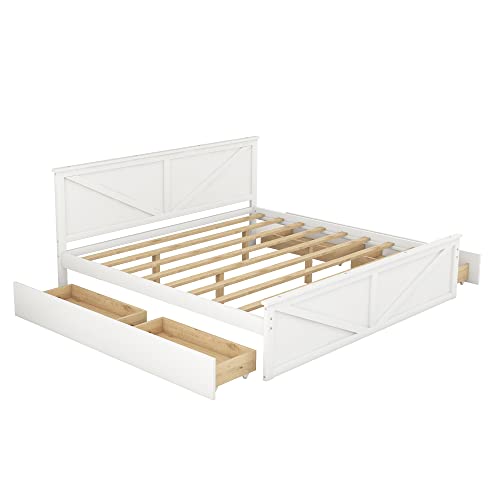 RORIGAT King Size Platform Bed with Storage Drawers White