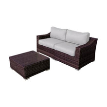 Homyee Wicker Loveseat and Coffee Table Set with Aluminum Frame for Backyard, Lawn, Outdoor Conversation Set with Tempered Glass Tabletop and Soft Cushions for Poolside
