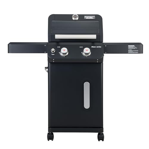 Monument Grills 2-Burner Stainless Steel Liquid Propane Gas Grill, Two Foldable Shelves Patio Garden Barbecue Grill with Clearview® Lid, Knob Control Mesa220, Black