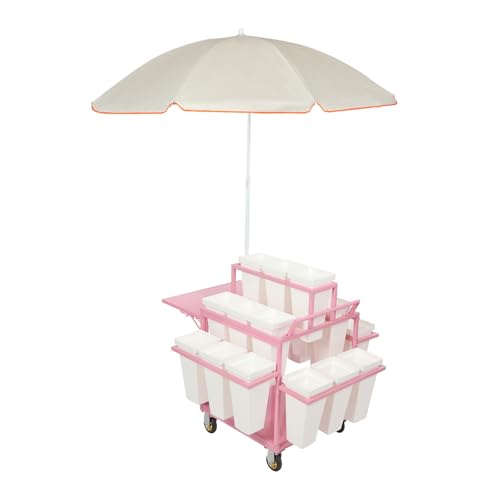 Flower Cart Vending Cart, 3-Tier Outdoor Rolling Display Stand with Wheels, 18 Buckets, Umbrella, Foldable Shelf, Retail Booth Kiosk for Florist, Patio Garden, Business Market (Pink)