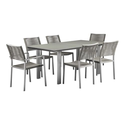 Pemberly Row 7-Piece Aluminum Patio Dining Set, Adjustable Glass Table 70-90 in, Gray Finish, Stacking Rope Chairs, Modern Outdoor Furniture for Garden or Deck Dining Spaces