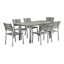 Pemberly Row 7-Piece Aluminum Patio Dining Set, Adjustable Glass Table 70-90 in, Gray Finish, Stacking Rope Chairs, Modern Outdoor Furniture for Garden or Deck Dining Spaces