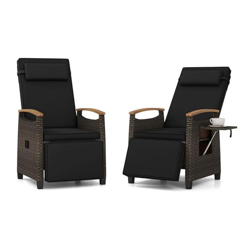 ORALNER Patio Reclining Wicker Chair, Outdoor Rattan Chaise Lounge Recliner with Adjustable Backrest & Footrest, Flip Side Table and Soft Cushions, for Backyard, Porch, Lawn, Poolside (2, Black)