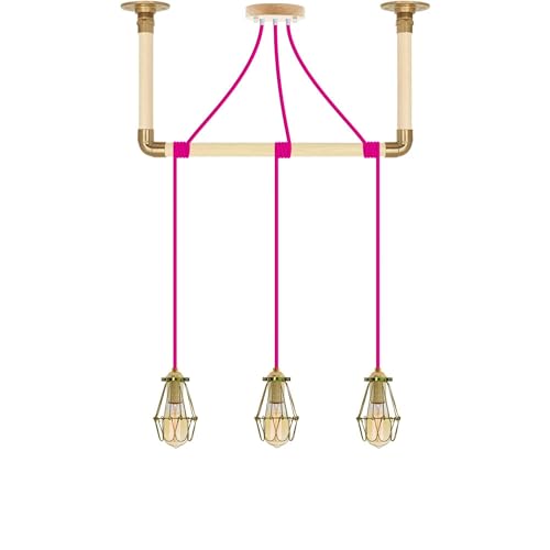 Pink and Brass Hinge Cage Pendant Light Wrapped Natural Wood and Brass Ceiling Bracket - Hangout Lighting - 3 Pendants