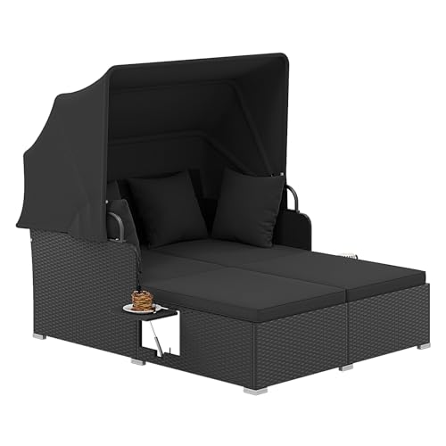 ORALNER Outdoor Daybed, 2-Person Wicker Patio Sofa with Retractable Canopy, Cushions & Pillows, 2 Side Trays, PE Rattan Double Sunbed Lounger for Deck Poolside Garden Balcony (Black)