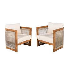 Merax Acacia Wood Outdoor Club Chair Set of 2,Woven Rope Accents Design,Wooden Patio Accent Chair Set,Comfy Reading Seat with Removable Cushion,Patio Furniture Set,Beige+Teak