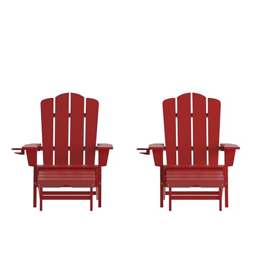 Taylor & Logan Nellis Adirondack Chair with Cup Holder and Pull Out Ottoman, All-Weather HDPE Indoor/Outdoor Lounge Chair in Red, Set of 2