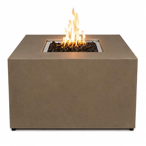 Golden Flame 42-Inch Square Propane Fire Pit Table – Concrete GFRC Outdoor Gas Fire Pit with Hidden Propane Tank, 65,000 BTU Stainless Steel Burner, Push Button Ignition - Sand