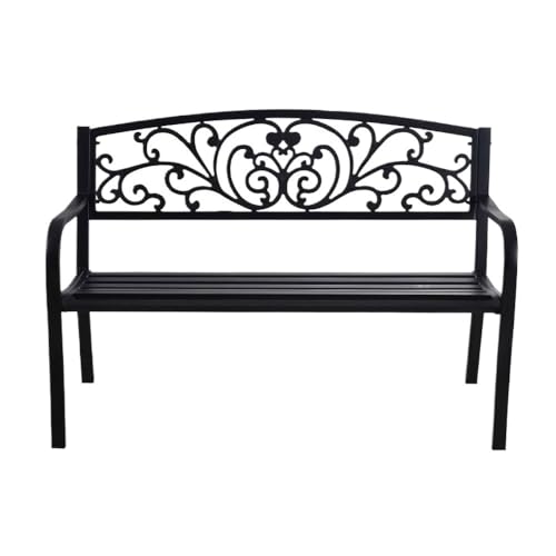 GRFIT Outdoor Bench Outdoor Bench for Park, Long Iron Double Chair with Openwork Back, for Home, Balcony, Patio, Armchair Black Garden Bench