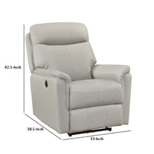 Lea Power Recliner Chair w USB, Foam Fill Light Gray Top Grain Leather