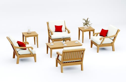 TeakStation 7 Pc Teak Wood Lounge Chair Set: 4 Lounge Chairs, Coffee Table & 2 Side Tables with Cushions in Outdoor Sunbrella Fabric #5404 Canvas Natural