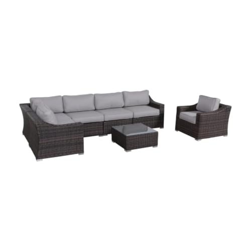 Homyee 4 Pieces Wicker Conversation Set with Tempered Glass Coffee Table and Single Chair & Sofa for Backyard, Lawn, Outdoor Furniture Set with Washable Cushions for Poolside