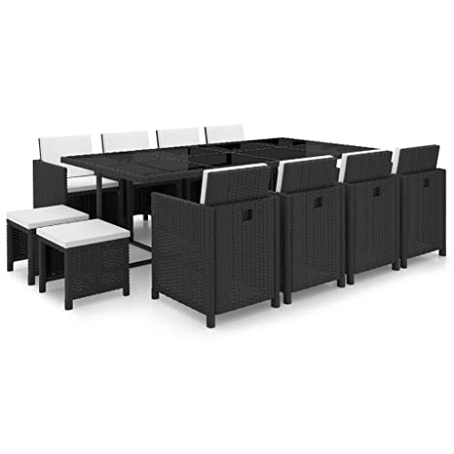 Heofavd 13 Piece Patio Dining Set Outdoor Furniture Rattan Black PE Wicker 9 Seater Rectangular Glass Table 8 Chairs 4 Stools 20 Cushions All Weather Garden Bistro for Backyard Balcony Porch