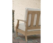 BOWERY HILL Outdoor Arm Chair, Beige Finish, Eucalyptus Wood Frame, All-Weather Nuvella Fabric Cushions, Slatted Design, 32" H x 30.5" W x 35.5" D, Durable Patio Seating for Relaxation