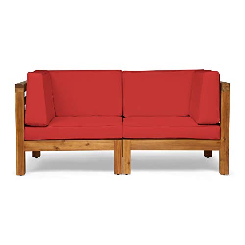 GDFStudio Outdoor Sectional Loveseat Set - 2-Seater - Acacia Wood - Outdoor Cushions - Teak and Red