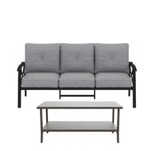 callmego Stylish All-Weather Metal Ottoman with Premium Fabric Cushion for Indoor and Outdoor Living Spaces (Black+ Gray + Polyester-1)
