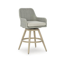 Signature Design by Ashley Seton Creek Weather Resistant Resin Wicker Swivel Outdoor Bar Stools with Cushion, Set of 2 Beige & Light Gray