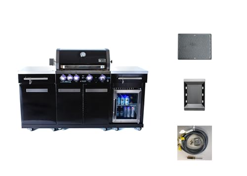 Mont Alpi Premium 70"W Black Stainless Steel Outdoor Kitchen Island BBQ Gas Grill with Compact Refrigerator & Rotisserie Burner + Dual Sided Griddle Plate + Charcoal Tray + Natural Gas Conversion Kit