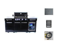 Mont Alpi Premium 70"W Black Stainless Steel Outdoor Kitchen Island BBQ Gas Grill with Compact Refrigerator & Rotisserie Burner + Dual Sided Griddle Plate + Charcoal Tray + Natural Gas Conversion Kit