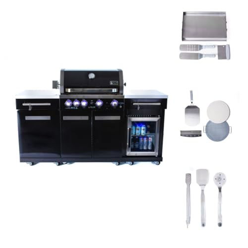 Mont Alpi Premium 70"W Black Stainless Steel Outdoor Kitchen Island with Refrigerator + 32"W 4-Burner BBQ Grill + Universal Flat Top Griddle + Pizza Peel + Cleaning Brush + Spatula + Cutter + Scraper
