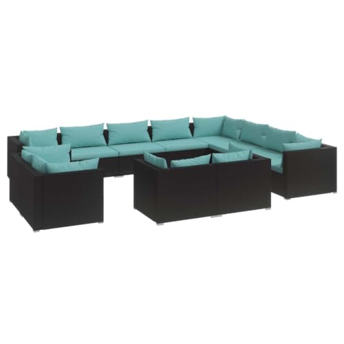 12 Piece Patio Lounge Set with Cushions Black Poly Rattan Outdoor Furniture