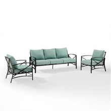 Afuera Living 3-Piece Outdoor Sofa Set, Mist Green Polyester Cushions, Bronze Steel Frame, Weatherproof Patio Furniture, Seats 5, Sofa and 2 Chairs, Removable Cushion Covers, Transitional Style