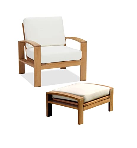 WholesaleTeak Madras 2 Pc Lounge Chair Set: Lounge Chair & Ottoman with Cushions in Sunbrella Fabric #5404 Canvas Natural #12MD2