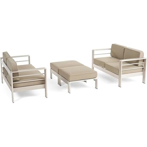 Noble House Cape Coral 4-Seater Aluminum Loveseat and Ottoman Set Silver/Kahki