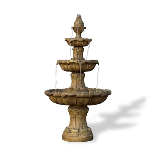 XBrand 58.3" 3-Tier Outdoor Freestanding Water Fountain - Classic Leaf Design, Beige Resin, Large Bird Bath with Pump - Ideal for Yard, Lawn and Garden, Porch Décor