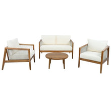 JIVOIT 4-Piece Outdoor Chat Set with Two Club Chairs, Loveseat and Coffee Table, Acacia Wood Frame Outdoor Sofa Set with Rope Detail, Water-Repellent Cushions for Patio/Backyard/Deck (Beige,Teak,6)