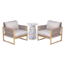 Christopher Knight Home Mina 3 Piece Outdoor Accent Chairs Set of 2 with Thick Cushions & MGO Round Side Table, Acacia Wood Outdoor Bistro Set for 2, Patio Furniture Set, Light Teak+Beige+Marble