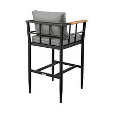 Armen Living Wiglaf Modern Outdoor Patio Counter Chair Bar Stool in Aluminum Metal and Teak Wood with Gray Cushions, 26" Seat Height