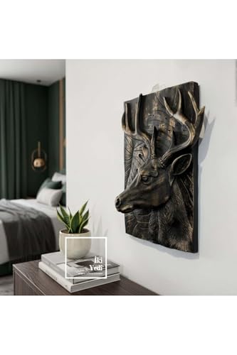 SODEF Noble Deer Embossed Wall Panel Plaque, Modern Decorative Object for Wall Decor - Black Distressed Finish, 34 x 43 cm - Black Distressed, 13x17 inch