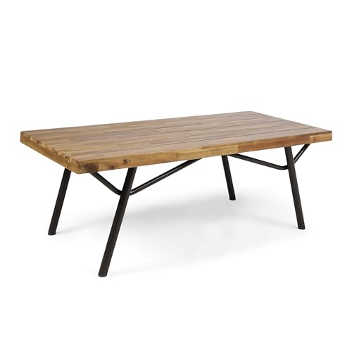 Benzara Patio Coffee Table, Slatted Top, Brown Iron, 50 Inch Teak Brown Acacia