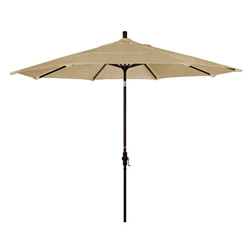 California Umbrella 11' Round Aluminum Market Patio Umbrella Crank Lift Collar Tilt Bronze Pole Linen Sesame