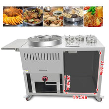 EQCOTWEA Stainless Steel Liquefied Gas Commercial Food Cart, 9-in-1 Fountain Hot Pot Snack Cooker with 4 Spice Boxes & 1 Condiment Basin, Mobile Street Vendor Trailer for Cooking Beef Pork Meat