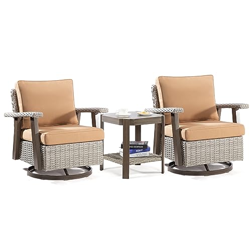 MeetLeisure Outdoor Swivel Rocker Patio Chairs Set of 2 with Matching Side Table - Wicker Patio Swivel Rocker Chairs Set of 2 with 360 Degree Swivel Base & Premium Camel Olefin Cushions
