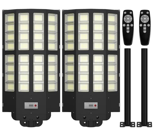 UCGG Solar Street Light Outdoor Waterproof, 6500K 1500W Motion Sensor Light Dusk to Dawn, 200000LM Parking Lot Wall Light with Remote Control, Wide Lighting Angle LED Flood Lights for Yard, 2 Pack
