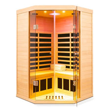 GDFStudio 47.24" 2 Person Hemlock Far Infrared Corner Sauna Large Glass Front Deluxe Transparent Cabin 1520W 7 Panel Heater 110V/120V APP Control Bluetooth Audio LED Light Spa Room