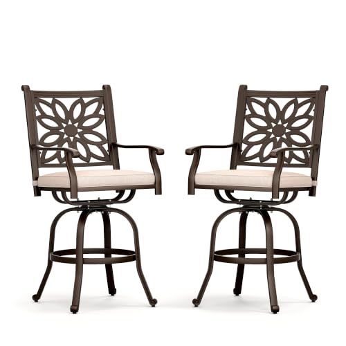 PHI VILLA Outdoor Bar Stools Swivel Set of 2,Cast Aluminum Patio Bar