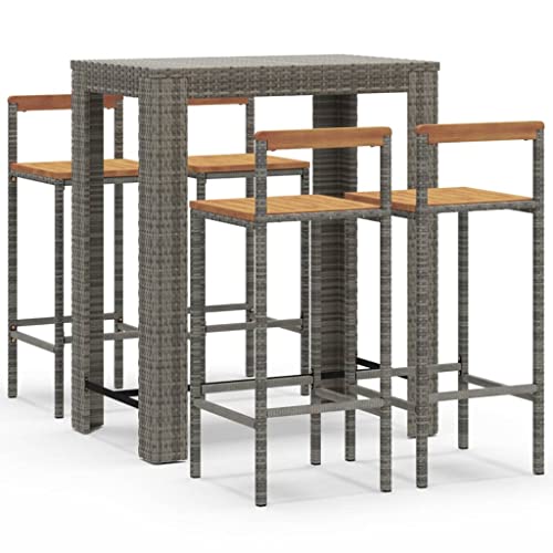 Fisinber 5-Piece Modern Garden Bar Set Grey 39.4"x23.8" Poly Rattan & Acacia Wood Outdoor Patio Furniture Set with Footrest for Balcony, Backyard, Terrace and Lawn Use