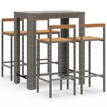 Fisinber 5-Piece Modern Garden Bar Set Grey 39.4"x23.8" Poly Rattan & Acacia Wood Outdoor Patio Furniture Set with Footrest for Balcony, Backyard, Terrace and Lawn Use
