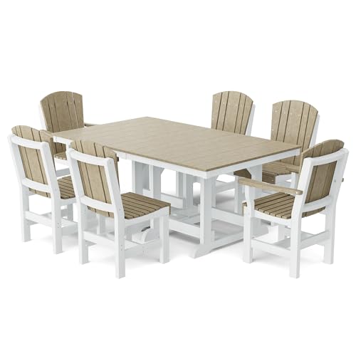 Wildridge Heritage 7-Piece 44"X72" Dining Set, Weathered Wood and White - Outdoor Weather Resistant Recycled Plastic Furniture for Patio