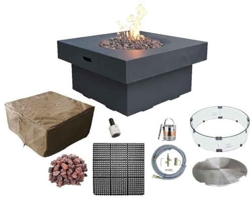 AMS Fireplace | Modeno Branford Package | Black Natural Gas Fire Pit Table for Outside Patio Bundle with Wind Guard, SS Burner Lid | Free Ice Bucket & Rubber Mat
