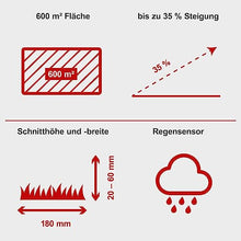 Scheppach RoboCut XL600 robotic lawnmower up to 600 m² | 18 cm cutting width | 20-60 mm cutting height | rain sensor | WiFi & BT | app controlled | 35% slope | with station, 9 blades, 130 m cable and