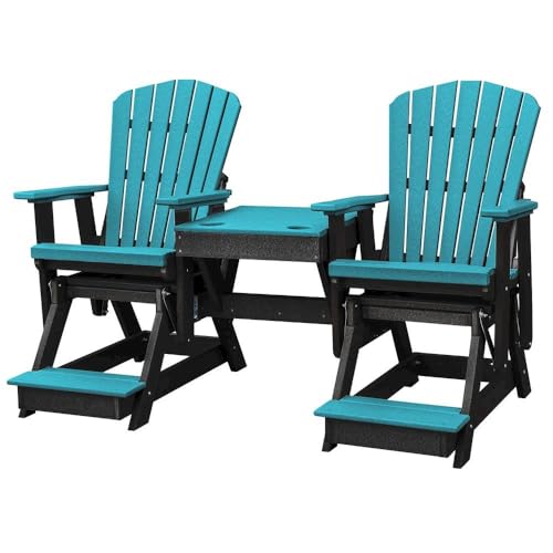 Outdoor Escape Blue Double Balcony Height Glider, Elevated 2-Seater with Center Table, All-Weather HDPE Patio Furniture
