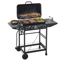 4 Burner BBQ Propane Gas Grill with Side Burner 42000 BTU Output Stainless Steel Barbecue Grill with Enamel-Coated Grates and Side Tables for Outdoor Cooking Kitchen and Patio Backyard.