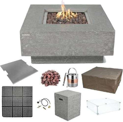 Elementi Manhattan Gas Fire Pit Bundle Concrete Fire Table, Outdoor Fire Pit Electronic Ignition | Canvas Cover, Lava Rock Included | Free AMS Wind Guard | Light Gray (Propane Gas)